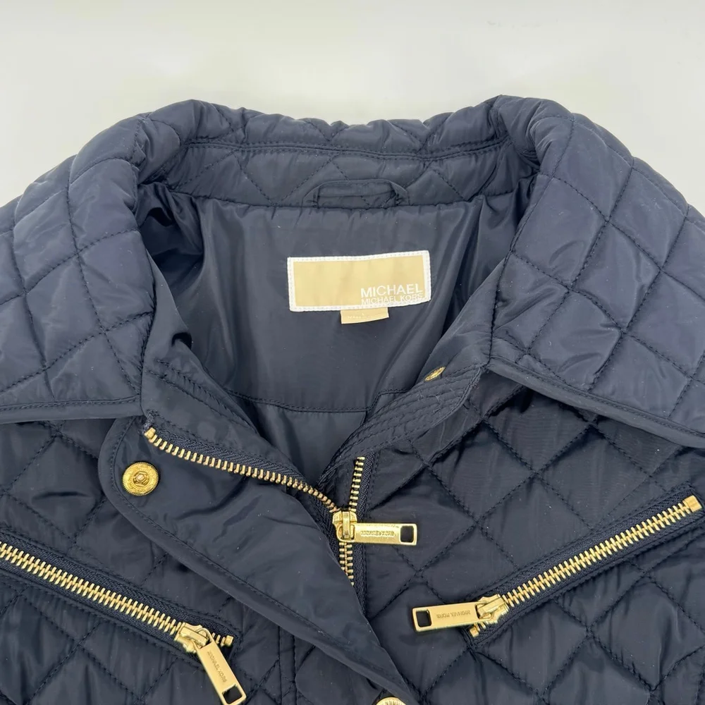 Michael Kors Quilted Belted Jacket L Navy with Gold Hardware